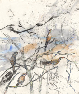 John Wolseley   After fire – spiny-cheeked honeyeaters at Lake Monibeong 2009–11 (detail)  watercolour, charcoal, pencil, gouache and brown chalk  (151.7 x 128.9 cm)  Collection of Sir Roderick Carnegie AC and Family  © John Wolseley 