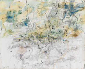 John Wolseley  History of the Whipstick Forest with ephemeral swamps and gold bearing reefs 2011 (detail)  watercolour, charcoal, pencil and on 2 sheets  (a–b) 233.5 x 286.6 cm (overall)  Collection of Sir Roderick Carnegie AC and Family  © John Wolseley 