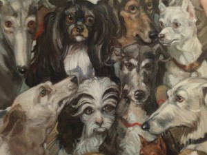 Detail from Canine Council - self portrait with dogs in art, by Joanna Braithwaite