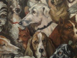 Detail of Canine Council - self portrait with dogs in art, by Joanna Braithwaite